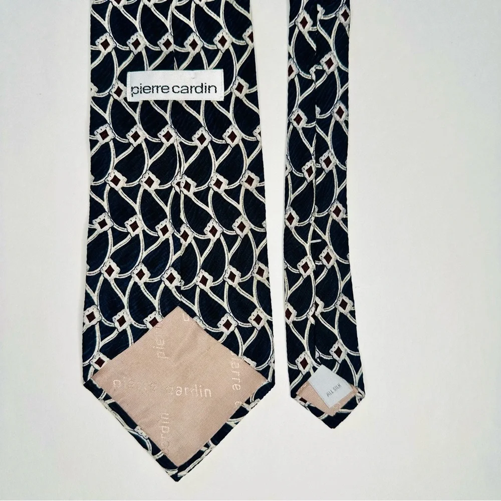 Vintage Pierre Cardin Navy & White Geometric Abstract Silk Designer Tie 4”